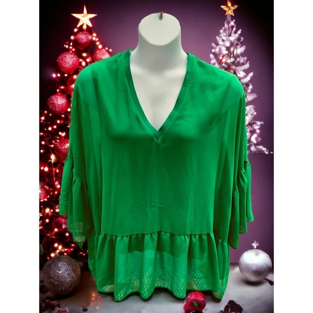 ZARA GREEN SHEER SHELL AND ARM PARTIAL LINED PULLOVER TIERED BOTTOM TUNIC 2XL